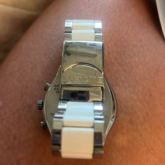 SWATCH UNISEX IRONY DREAMWHITE CHRONOGRAPH WATCH, two tone white/silverer band